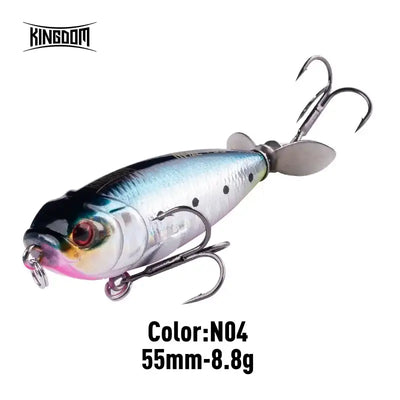 Silver-blue topwater pencil lure with silver propeller tail and red eye, double treble hooks