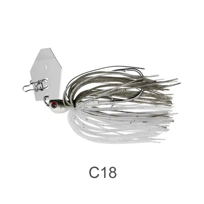 Chatterbait bladed jig with white skirt, silver blade, red-and-black eye, treble hooks