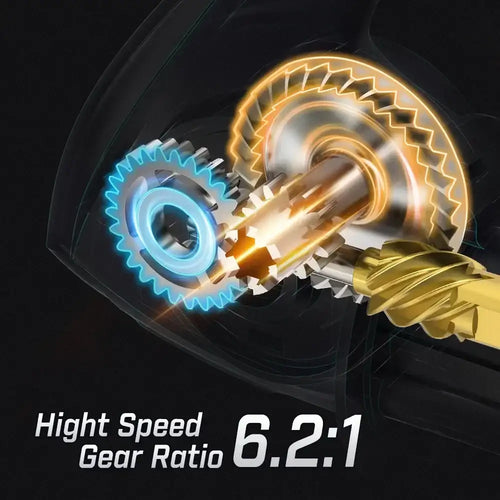 Close-up of reel spool gear system with glowing gear rings, technical style