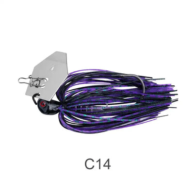 Chatterbait bladed jig with purple skirt, silver blade, red-and-black eye, treble hooks