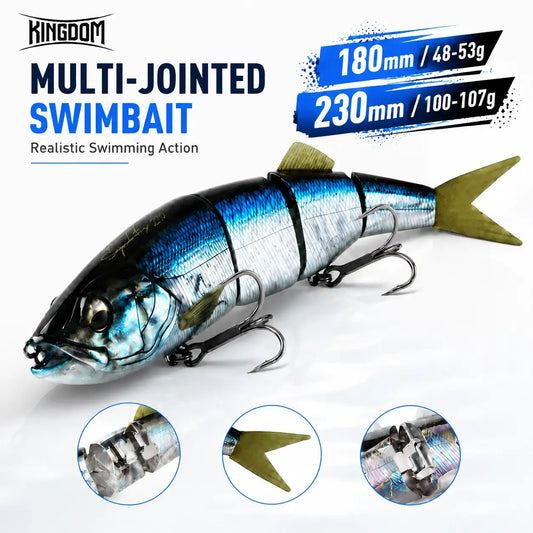 Multi-jointed swimbait hard lure, blue-silver body with black stripes and treble hooks.