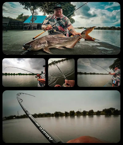 Fishing rod angled over river water in an outdoor fishing scene