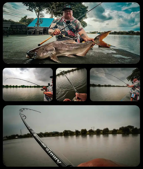 Fishing rod angled over river water in an outdoor fishing scene