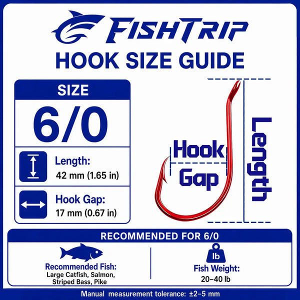 Red offset circle fishing hook size 6/0 on size guide card with hook gap info