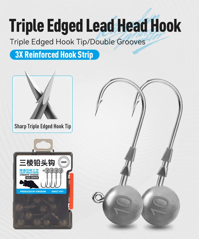 Pair of triple-edge lead head jig hooks with three-prong lead weights and protective guards