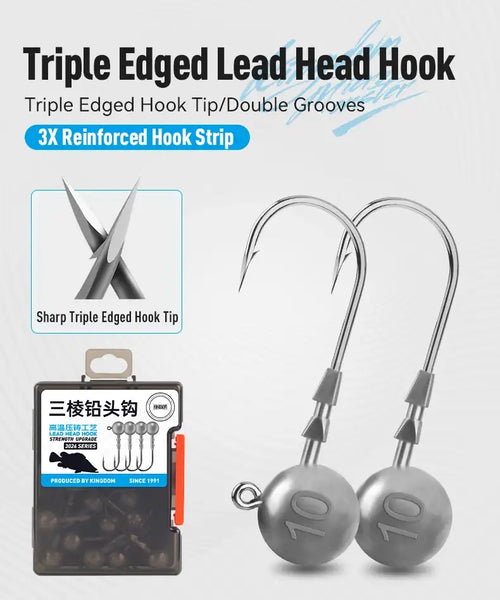 Pair of triple-edge lead head jig hooks with three-prong lead weights and protective guards