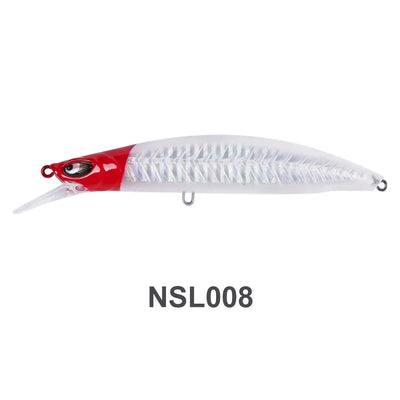 Floating minnow jerkbait with red head and white body with blue scale pattern