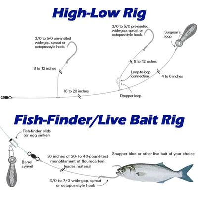 Fishing rig illustration for live bait, includes multiple hooks and swivels