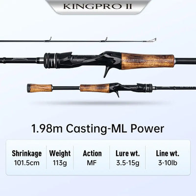 Two-piece fishing rod with black graphite blank and wood-tone handle, casting ML power
