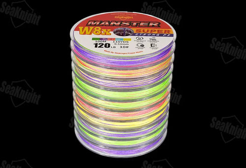 Stacked fishing line spool with rainbow multicolor strands, MANSTER W8x SUPER