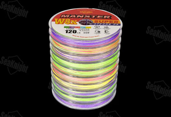 Stacked fishing line spool with rainbow multicolor strands, MANSTER W8x SUPER