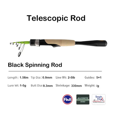 Telescopic spinning fishing rod with green rod and black reel seat