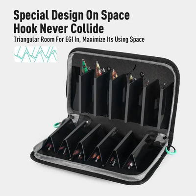 Black EGI storage bag with triangular hook slots and open compartment insert