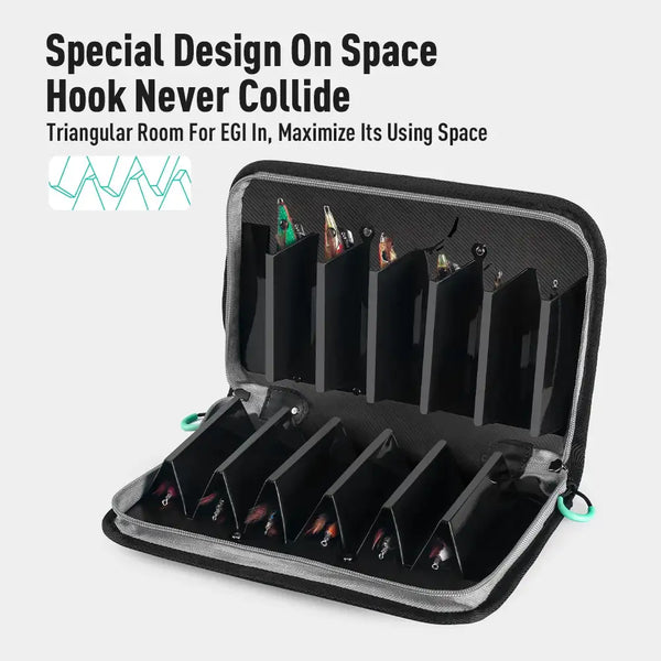 Black EGI storage bag with triangular hook slots and open compartment insert