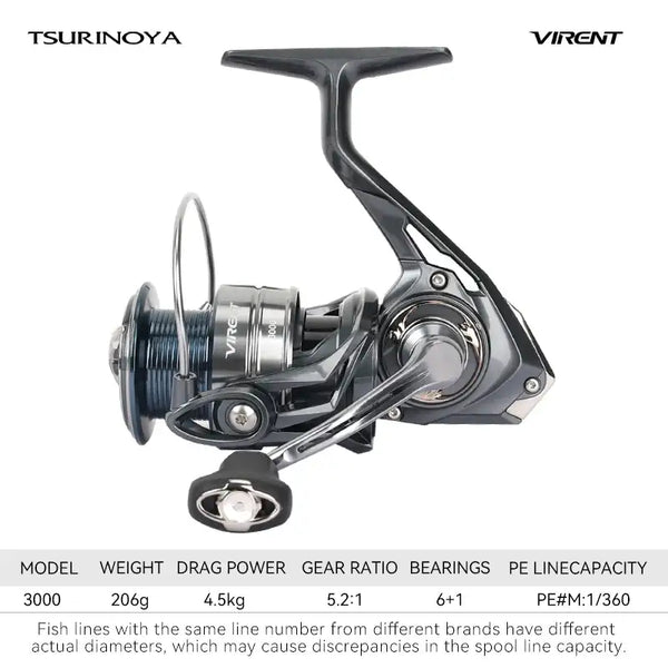 Tsurinoya VIRENT long-cast spinning reel, model 3000, front view with silver spool