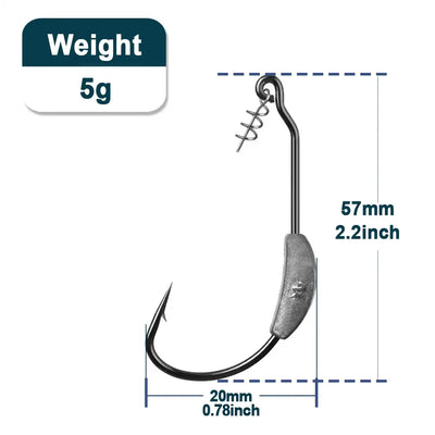 Weighted worm fishing hook with screw, 5g weight; black hook, 57mm overall length