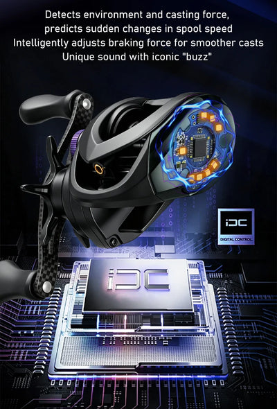 Black baitcasting reel with exposed circuit-style control module overlay