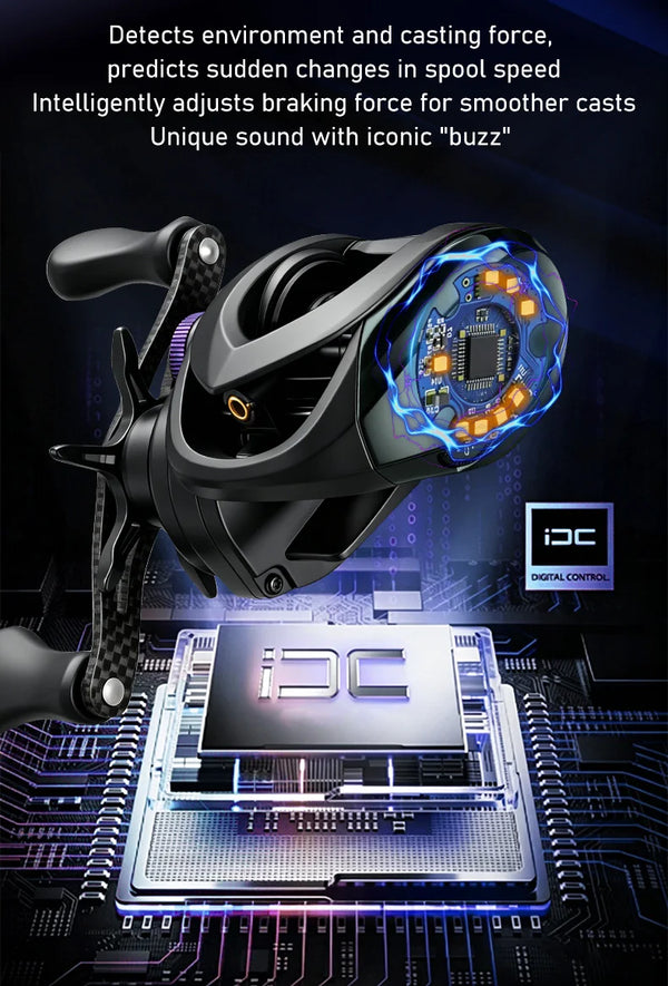 Black baitcasting reel with exposed circuit-style control module overlay