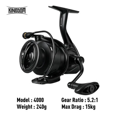 Black spinning fishing reel with front spool and folding handle.