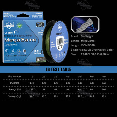 SeaKnight MegaGame M8 8-Strand Braid – Spectra Fibre | F+ Coating | 22–100lb | Low-Vis Green | 150m