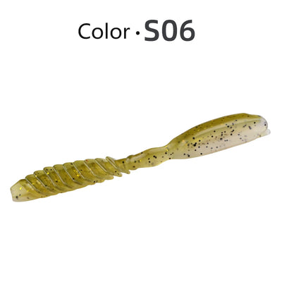 Olive green silicone worm lure with dark speckles and ridged segments