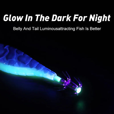 Blue glowing artificial squid jig lure with double-hook head