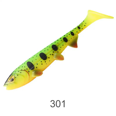 Color 301 chartreuse soft paddle-tail swimbait lure with black dots and orange fins