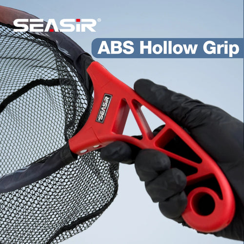 Foldable fishing net with ABS hollow grip, black mesh and red handle, gloved hand