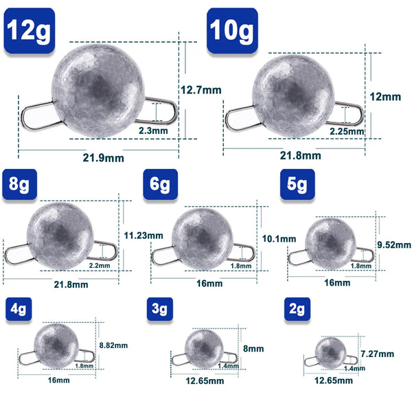 Fishing ball sinker hook clip sizes shown in 12g, 10g, 8g, 6g, 5g, 4g, 3g, 2g