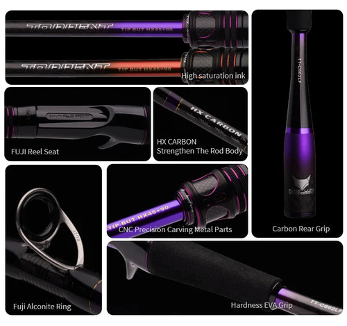 Purple-and-black fishing rod with full reel seat, carbon rear grip, and guide