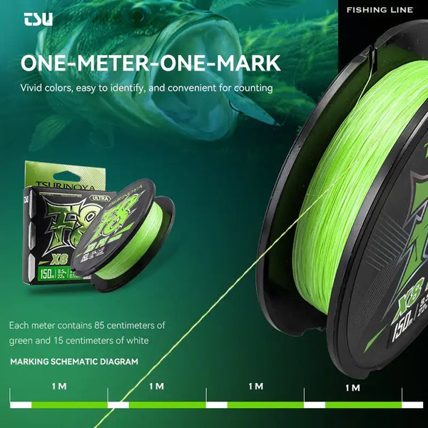 Green PE braided fishing line spool with one-meter marking graphic