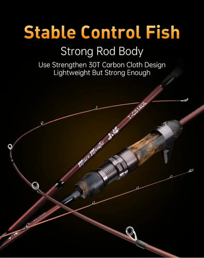 Casting fishing rod with reel mounted, maroon blank and multiple guide rings