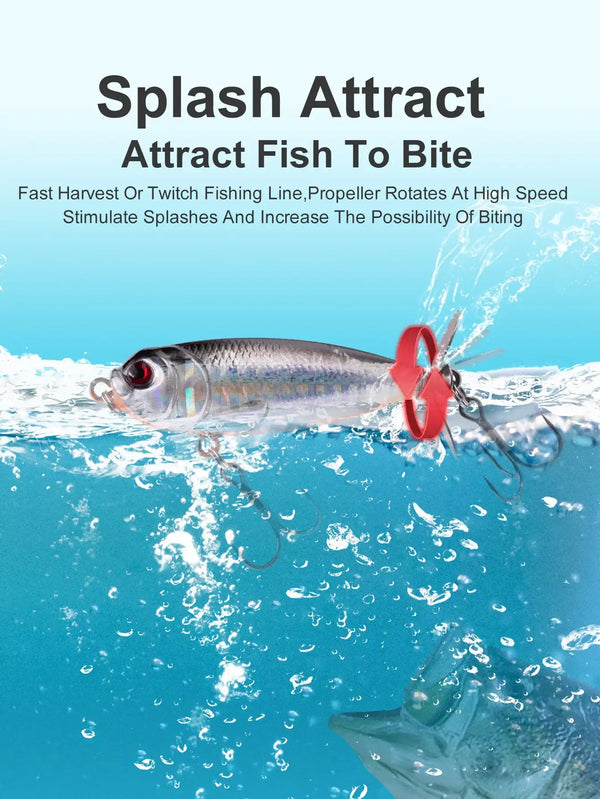 Topwater pencil lure with red propeller ring and treble hooks, in splash water