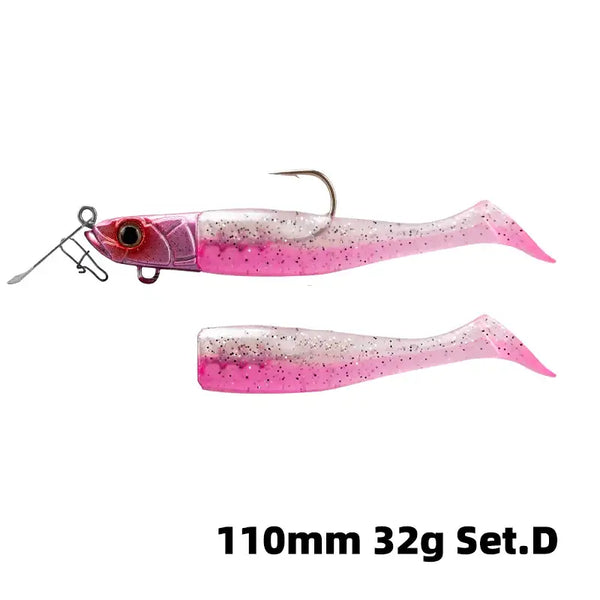 Soft T-tail fishing lure set with treble hook, pink and white speckled, 110mm 32g