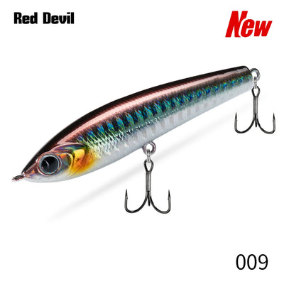 Topwater pencil fishing lure, dark purple and silver with multiple treble hooks.