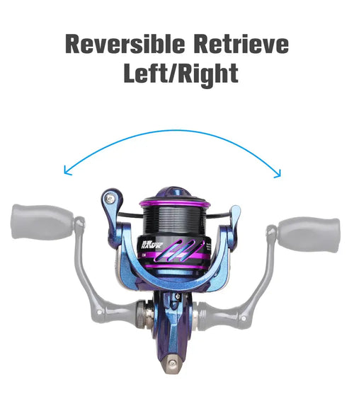 Spinning fishing reel front view with reversible retrieval, purple spool accents