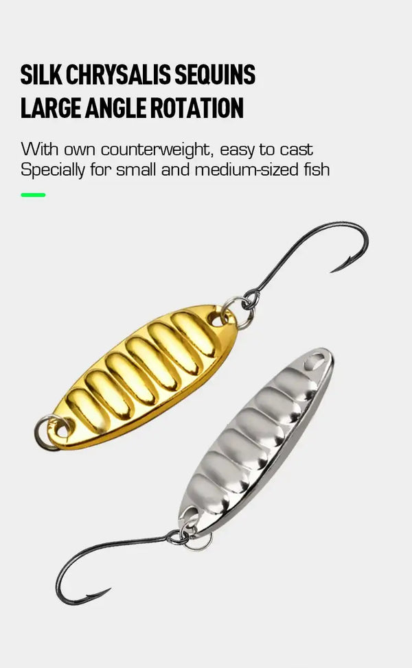 Gold and silver silk-chrysalis sequin spoon lure with treble hook