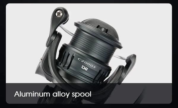 TSURINOYA spinning fishing reel with dark aluminum shallow spool and line capacity marks