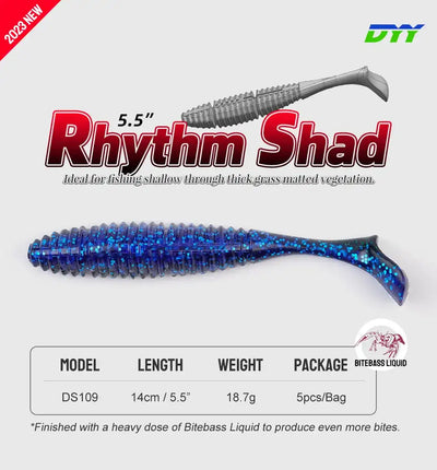 Blue glitter shad-style silicone swimbait with ribbed body and forked tail fin.