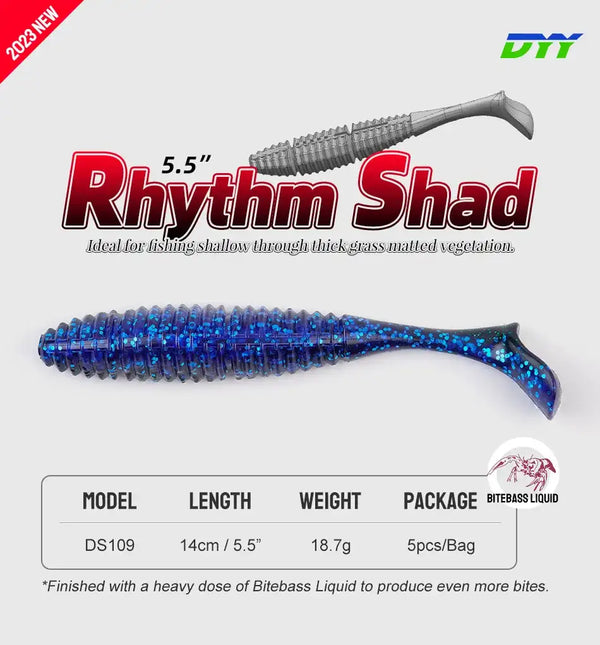 Blue glitter shad-style silicone swimbait with ribbed body and forked tail fin.