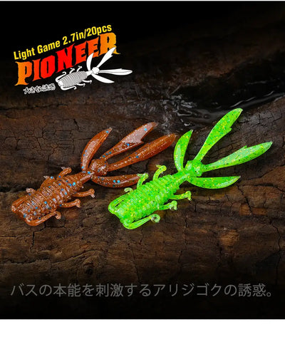 Neon green and orange-brown soft shrimp worm lures with finned paddle tails
