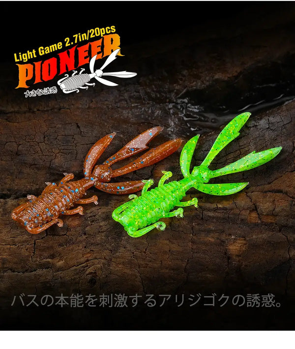 Neon green and orange-brown soft shrimp worm lures with finned paddle tails
