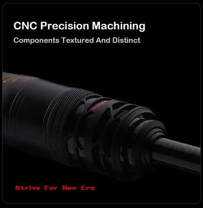CNC-machined textured rod handle with ridged grip on a black carbon blank