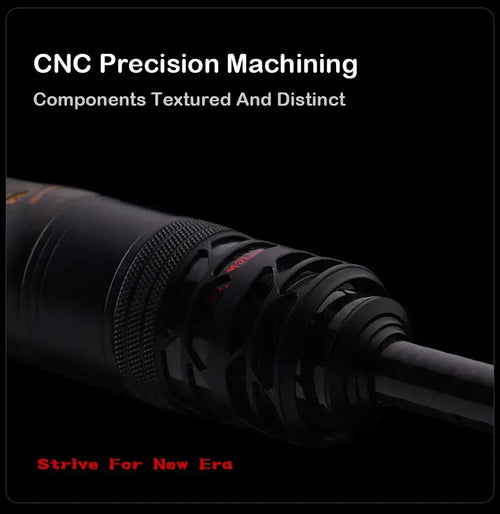 CNC-machined textured rod handle with ridged grip on a black carbon blank
