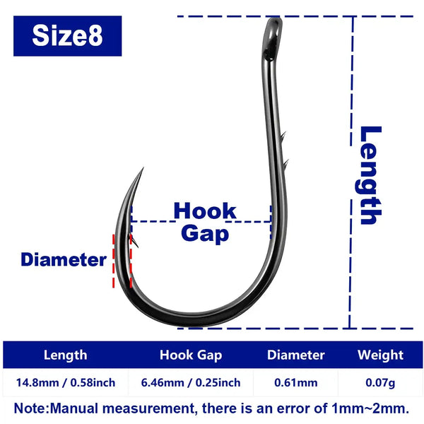 Size 8 offset circle fishing hook, barbed point, dark high-carbon steel
