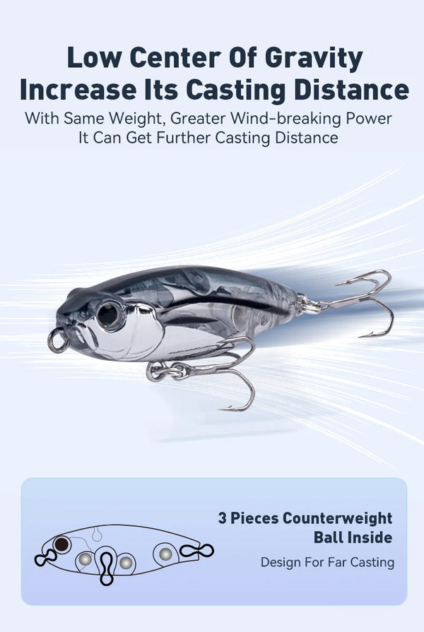 Metallic black and silver topwater pencil fishing lure with two treble hooks