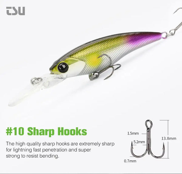 Suspending minnow lure with purple-yellow scale body and #10 sharp treble hooks