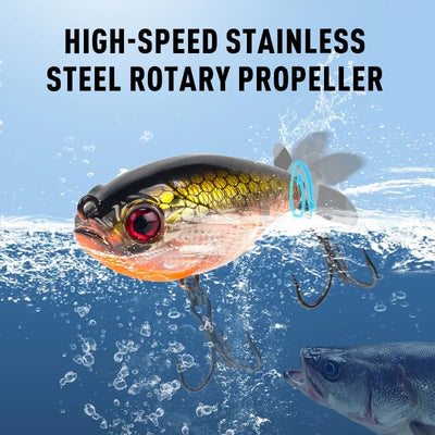 Floating topwater wobbler lure with chrome treble hooks, silver-orange belly, red eye