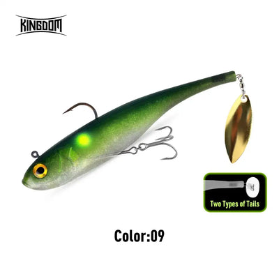 Soft swimbait lure color 09, green body with spinner blade and treble hooks