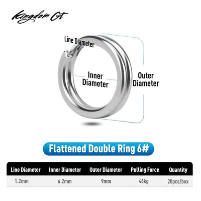 Kingdom GT stainless steel fishing split ring, 6# flattened double ring, double loop.